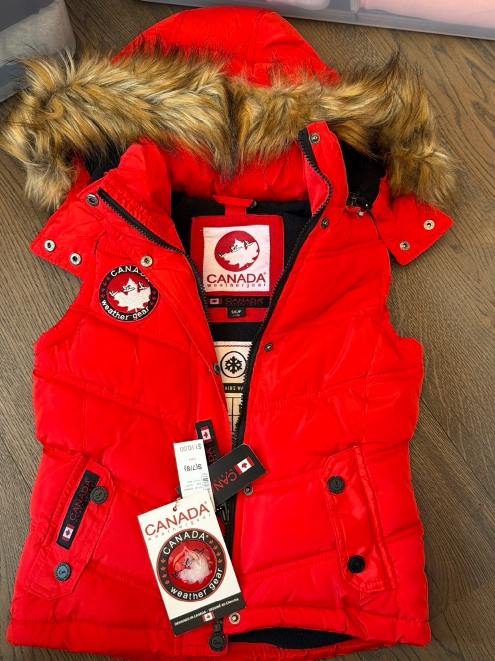 Canada Weather Gear Girls' Red Puffer Vest with Faux Fur Hood